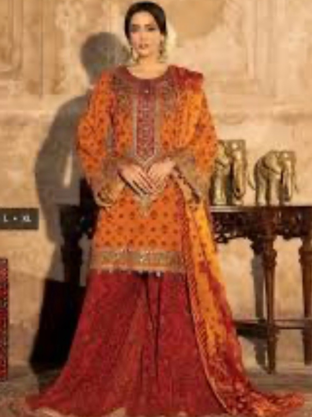 Embroidered Orange and Deep Red Ethnic Suit karma collection size 37